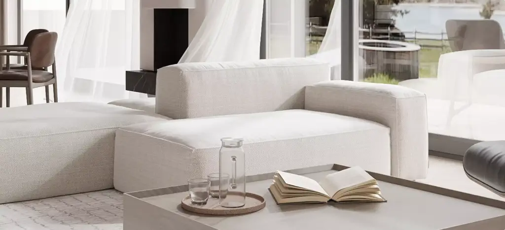 Interieurrender van een lichte loungeruimte met witte bank, salontafel, opengeslagen boek en vitrages