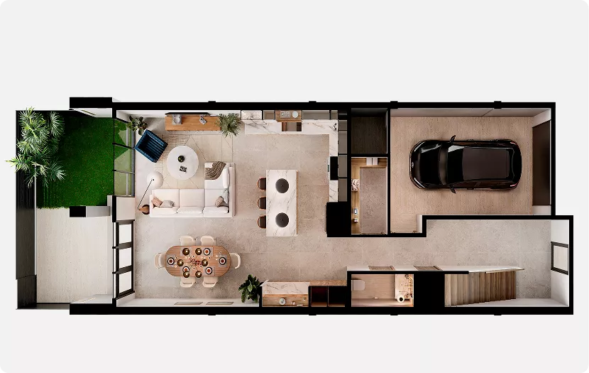 3D-plattegrond in bovenaanzicht met woonkamer, eettafel, keuken, garage en terras