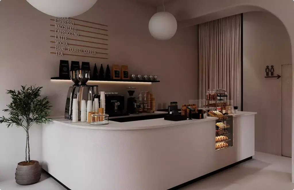 Render of a coffee shop with a curved white counter, a menu board, coffee bags on a lit shelf and a pastry case under an arched opening