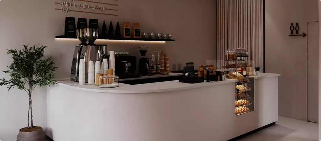 Moderne cafébalie met zachte rondingen en warme neutrale tinten voor interieurvisualisatie