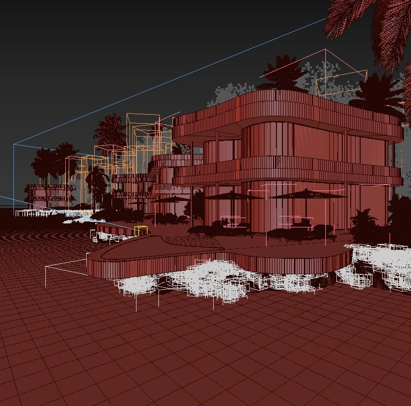 Wireframe 3D architectural model of a waterfront resort showing geometry before texturing and rendering