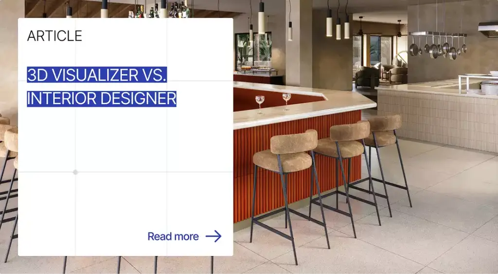 Bar interior render with stools and text 3D visualizer vs. interior designer