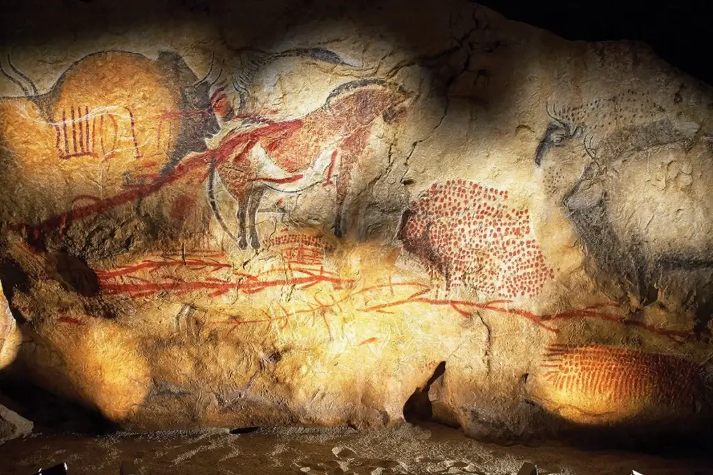 Prehistoric cave paintings depicting animals, illustrating early immersive visual storytelling in art