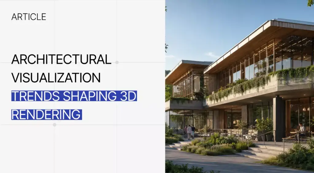 Architectural visualization trends hero with modern community center rendering and article headline