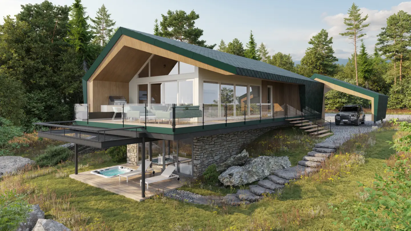 Modern forest house exterior 3D render illustrating contemporary architectural visualization