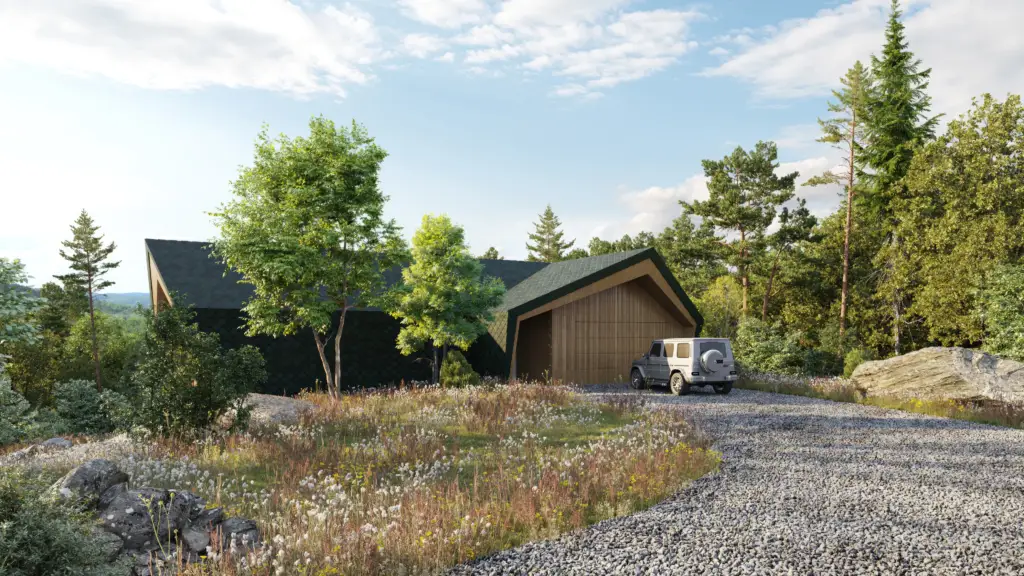 Architectural rendering of a modern cabin in nature, illustrating rendering as a new art form