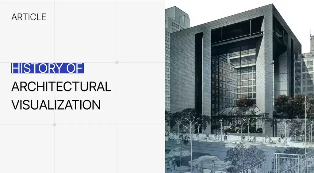 Text layout History of architectural visualization with modern building facade and minimal grid design