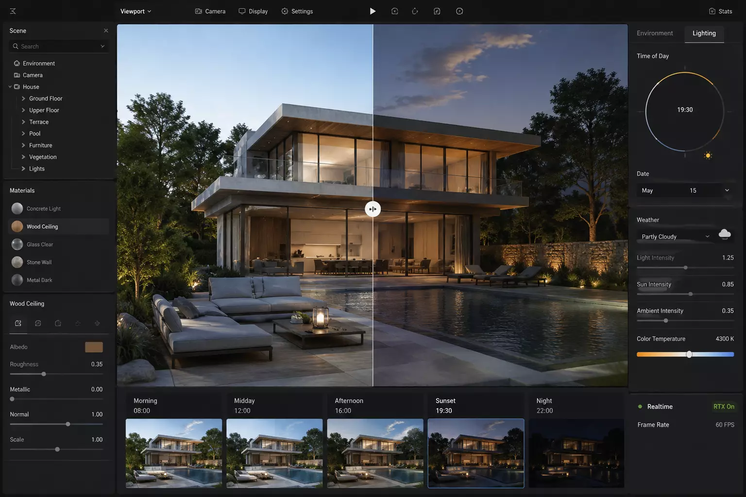 Architectural Visualization Trends Shaping 3D Rendering Real-time rendering interface showing a modern house with lighting and material controls