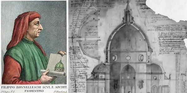 Filippo Brunelleschi portrait alongside Renaissance architectural dome drawings and perspective studies