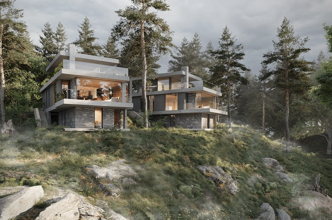 Photoreal 3D visualization of modern forest villas for the Norwegian residential market