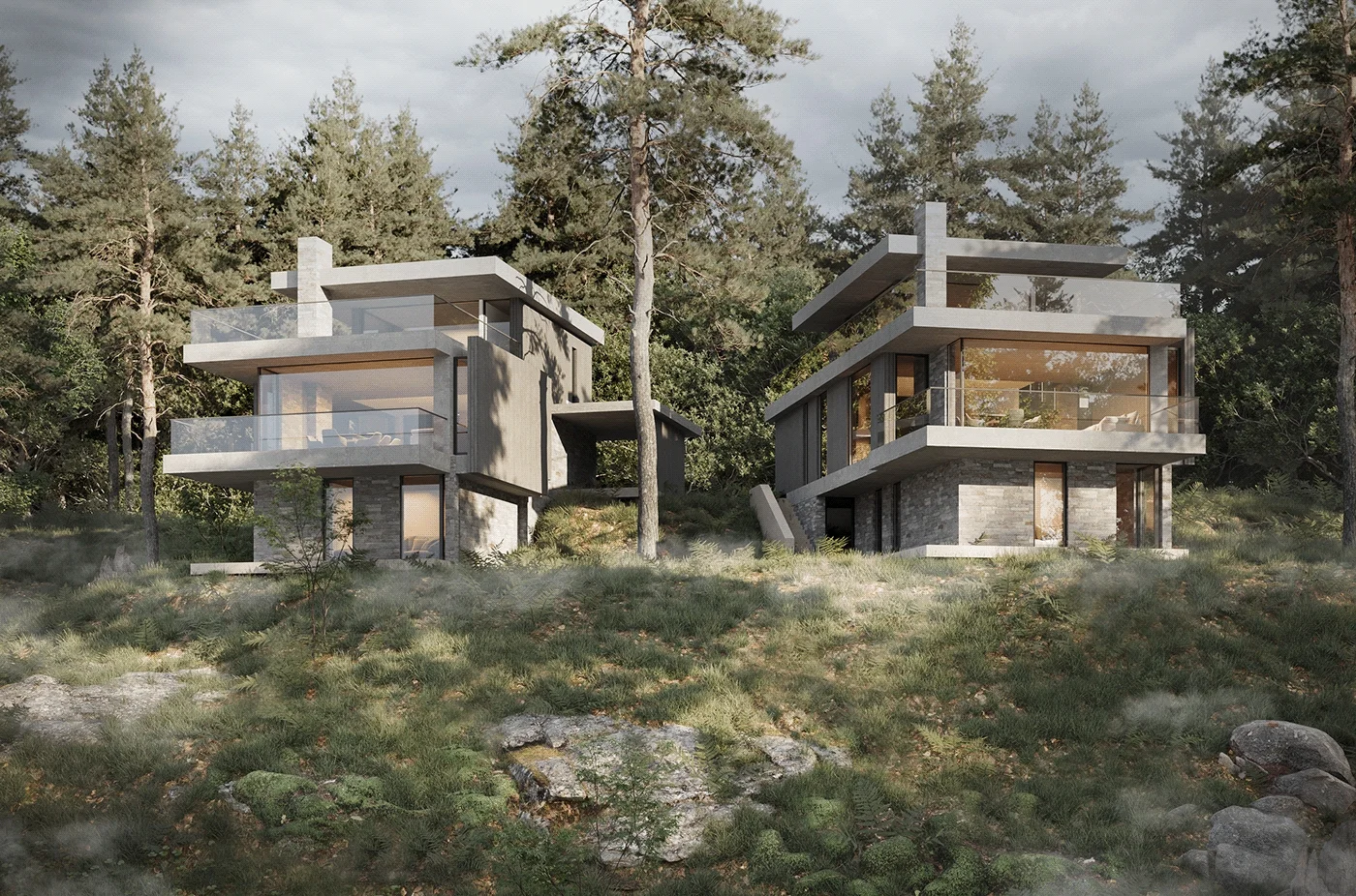 Residential architectural CGI of modern houses in a Norwegian forest setting
