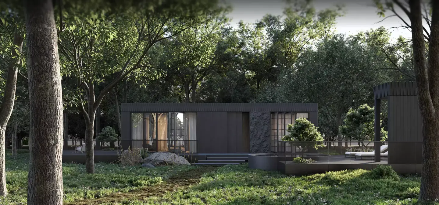 Modern dark house in forest setting, best 3D visualization studios in Norway