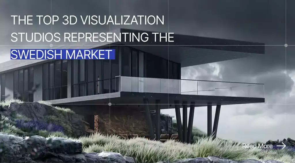 Modern house on rocky landscape with text top 3D visualization studios representing the Swedish market