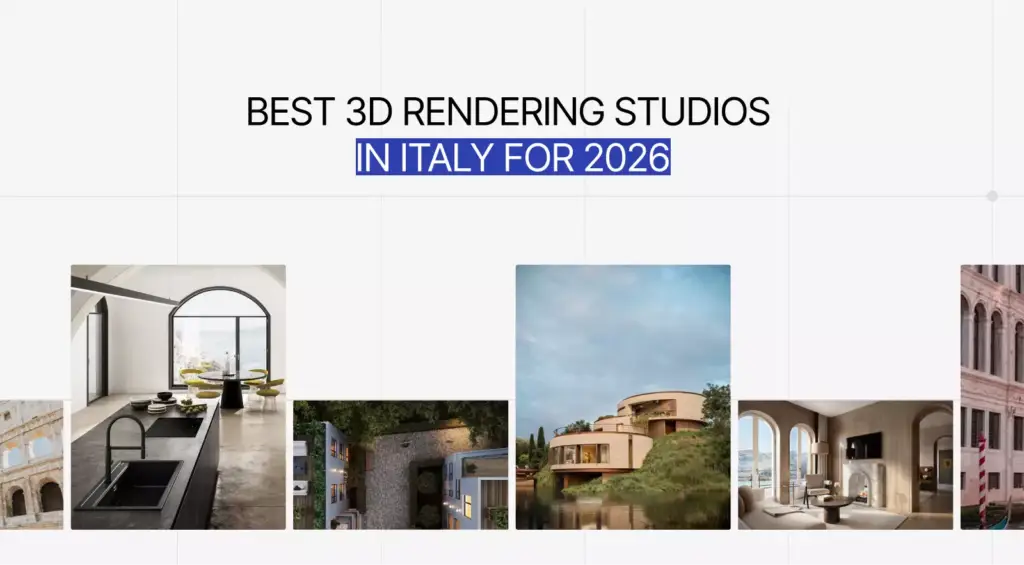 Best 3D rendering studios in Italy headline with architectural visualization thumbnails