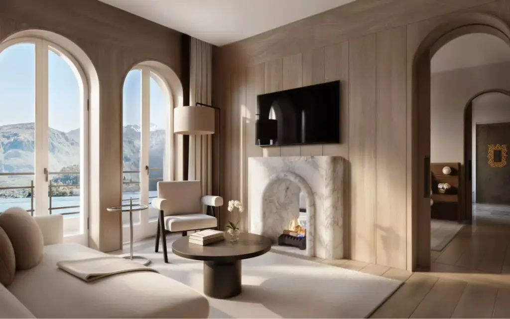 Luxury Italian interior 3D render with arched windows, marble fireplace, and lake view