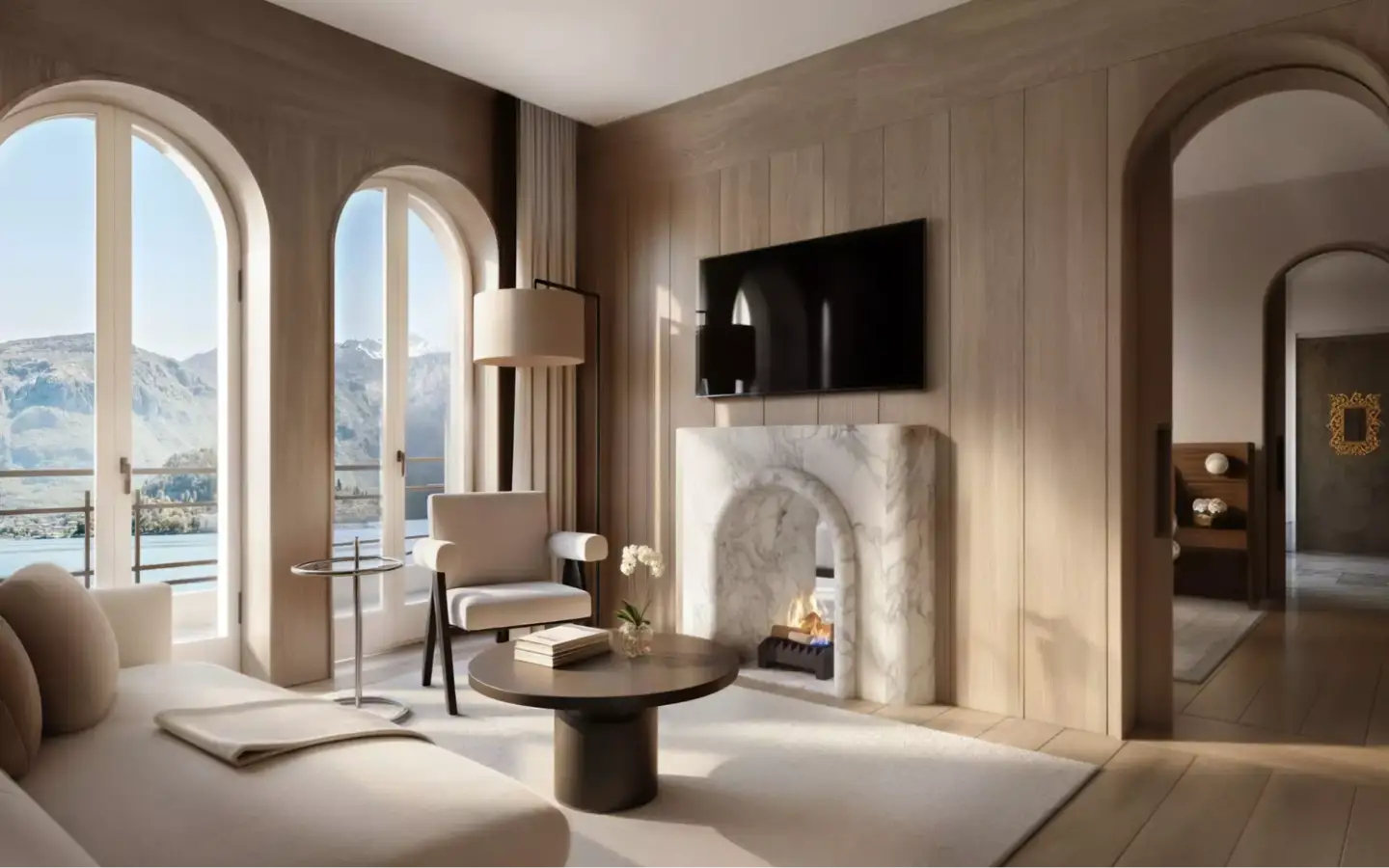 Best 3D Rendering Studios in Italy for 2026 Luxury Italian interior 3D render with arched windows, marble fireplace, and lake view