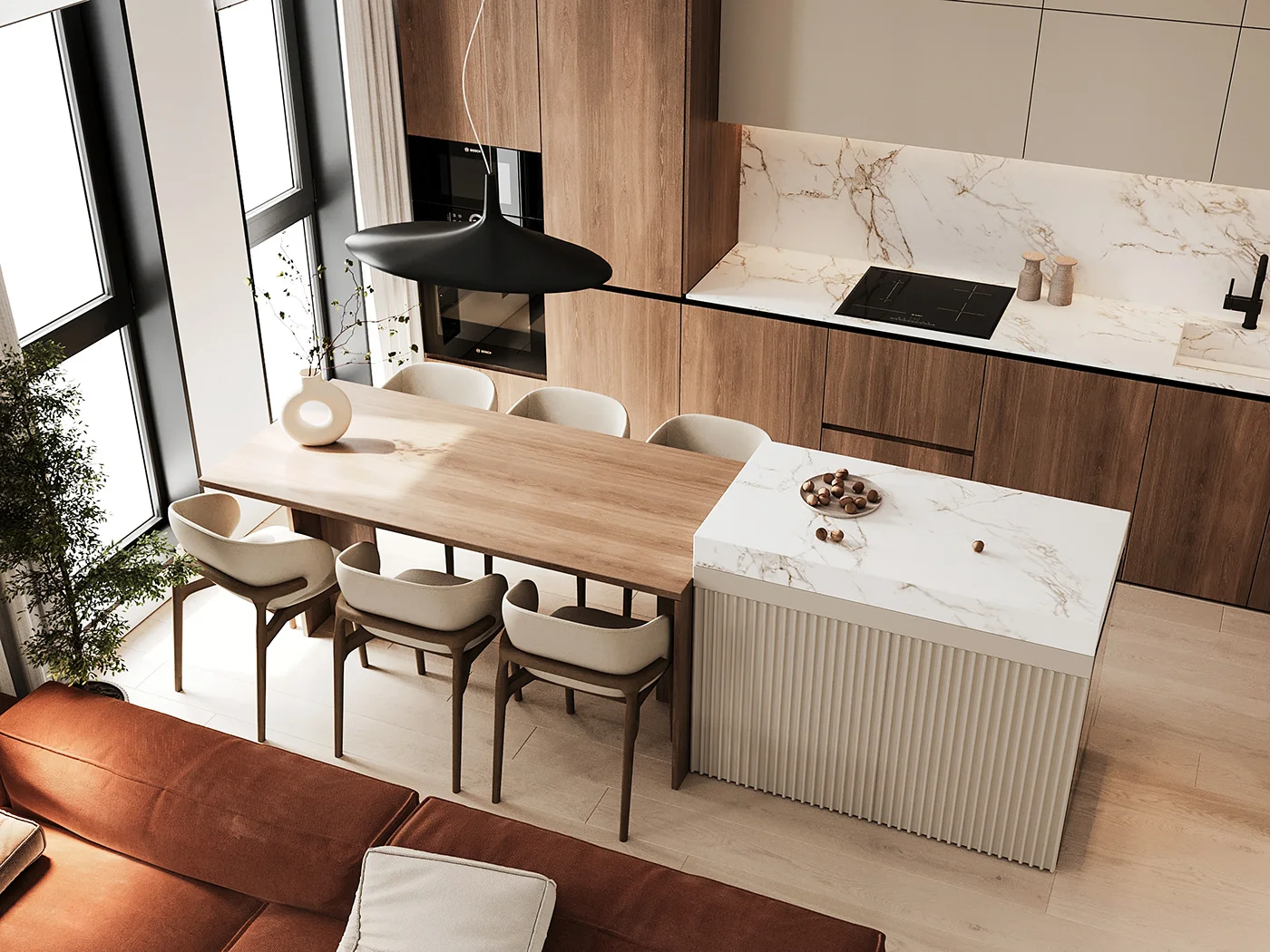 Modern kitchen and dining interior rendering showcasing high-quality 3D visualization and materials