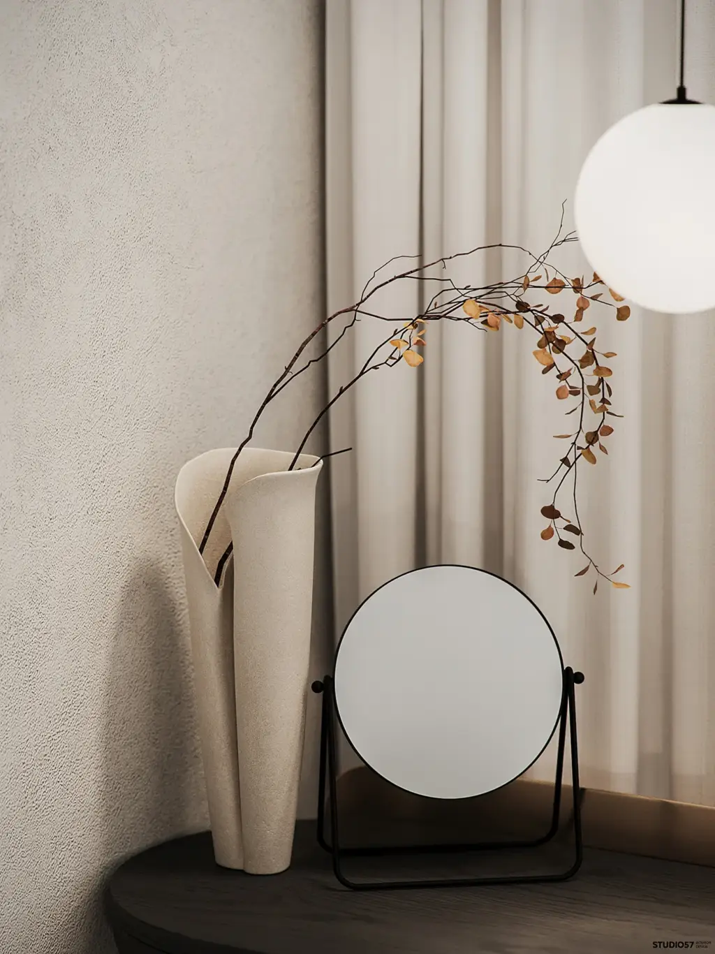 Minimalist interior decor detail with vase and mirror in a clean 3D interior rendering