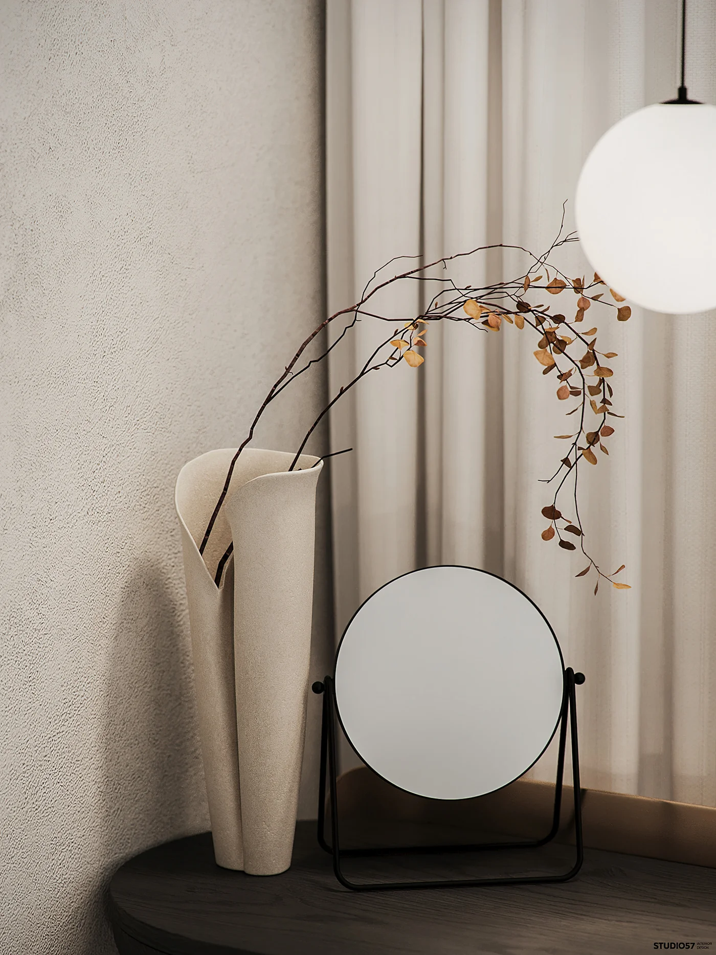 Minimalist interior decor detail with vase and mirror in a clean 3D interior rendering