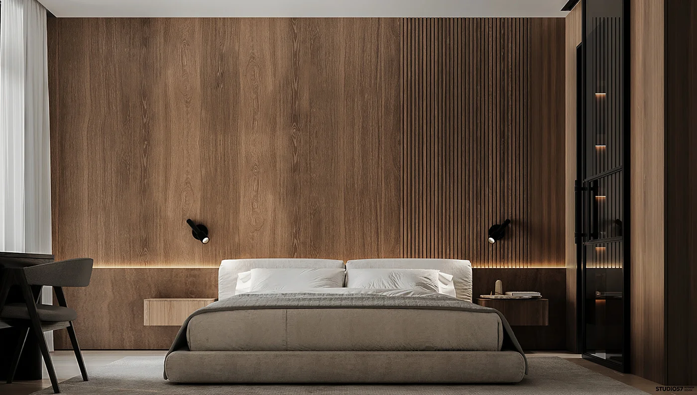 Modern bedroom interior rendering with wood panels, soft lighting, and minimalist design