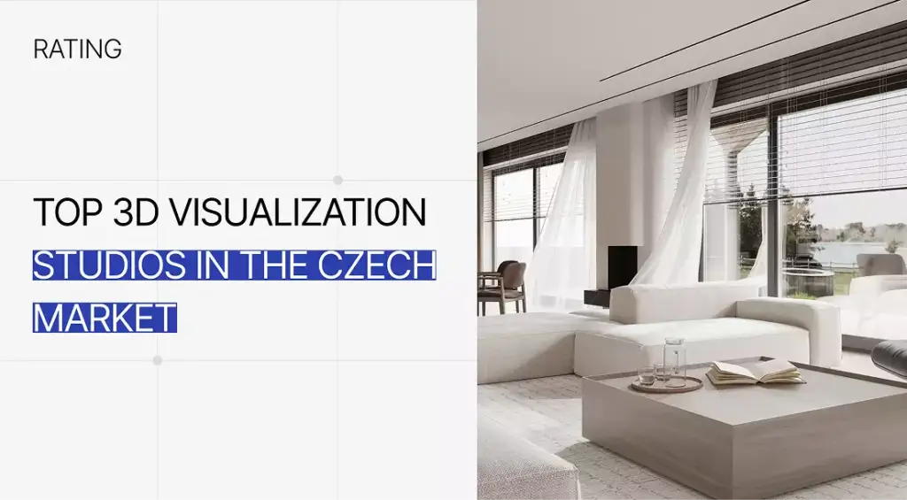 Modern living room render with text top 3D visualization studios in the Czech market