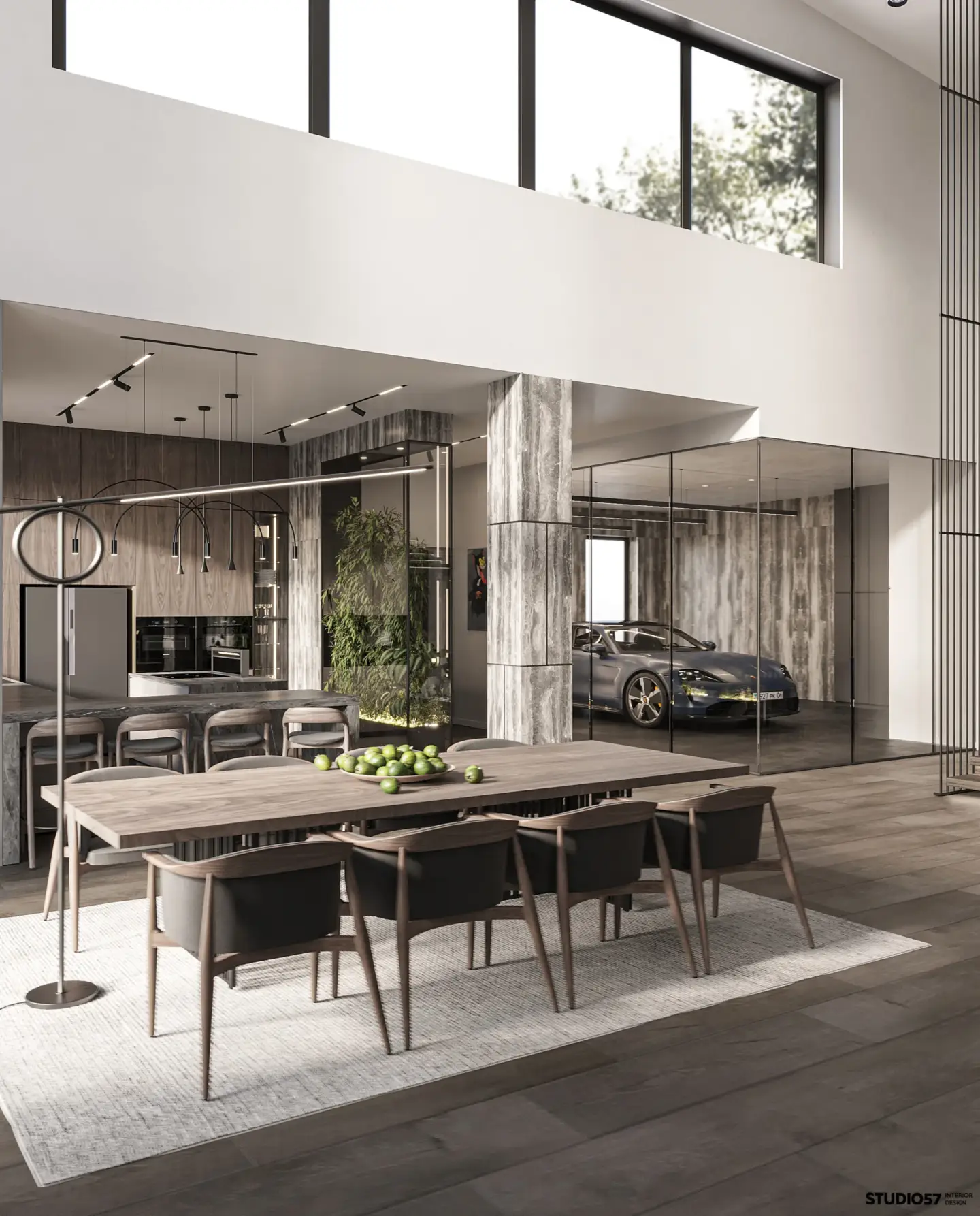 Top 4 3D visualization companies in Kazakhstan Interior rendering showing modern 3D product visualization with open kitchen, dining area, and luxury garage design