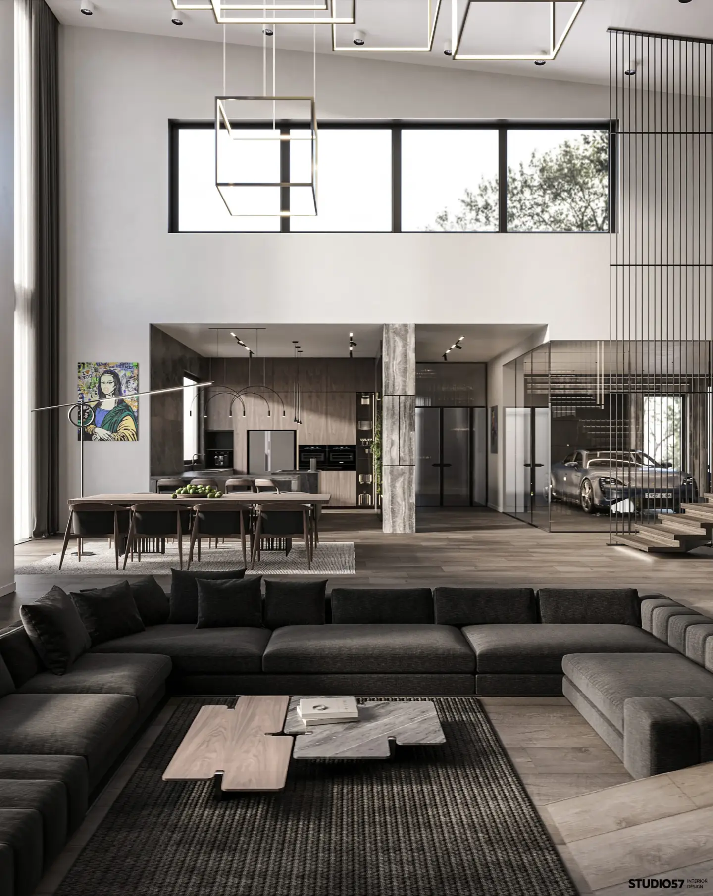 Top 4 3D visualization companies in Kazakhstan Interior rendering of double-height living space with open kitchen, lounge, and glass garage design