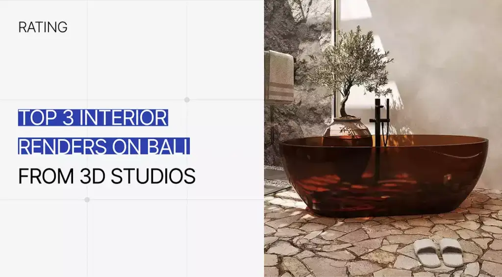 Outdoor bathroom with stone floor and tub, Top 3 interior renders on Bali from 3D studios