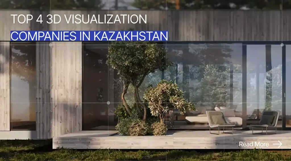 Modern house with glass facade and garden seating, Top 4 3D visualization companies in Kazakhstan