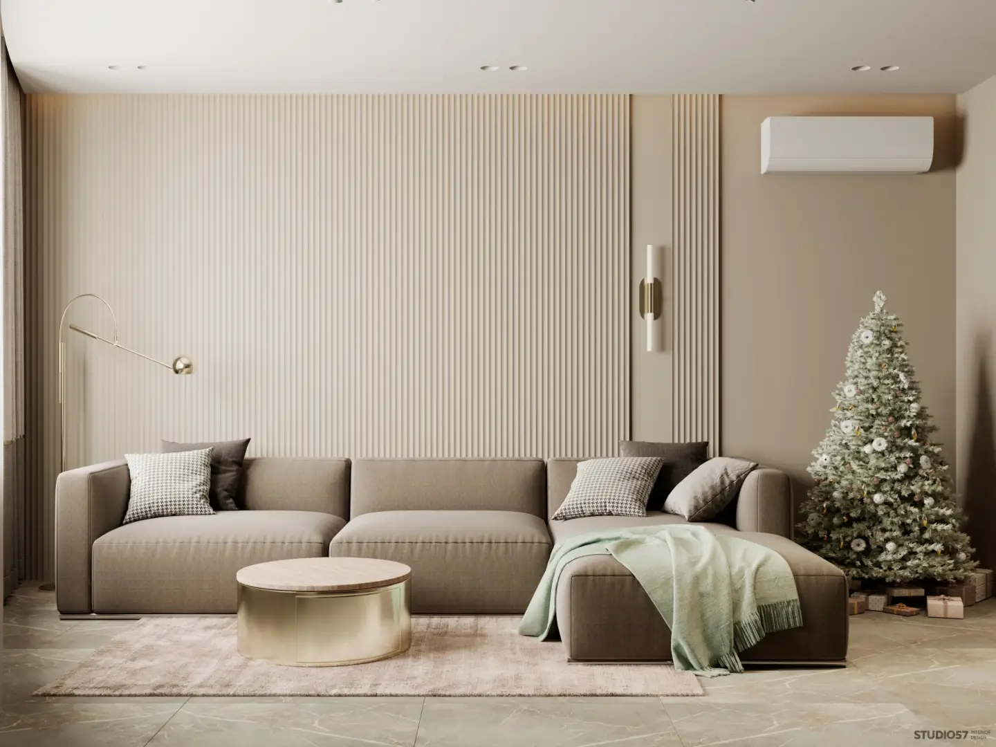 Interior rendering of a modern living room with neutral tones and soft lighting from a top 3D rendering company in Ireland