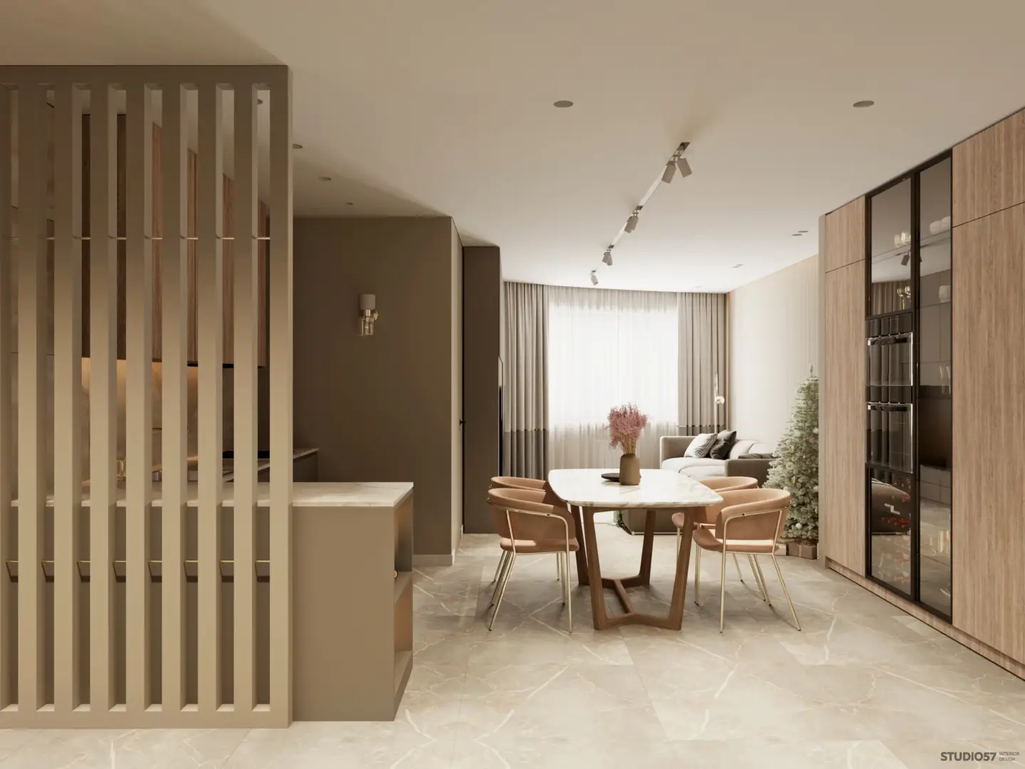 Interior rendering of a modern dining and living space with soft lighting produced by a leading Ireland 3D visualization studio