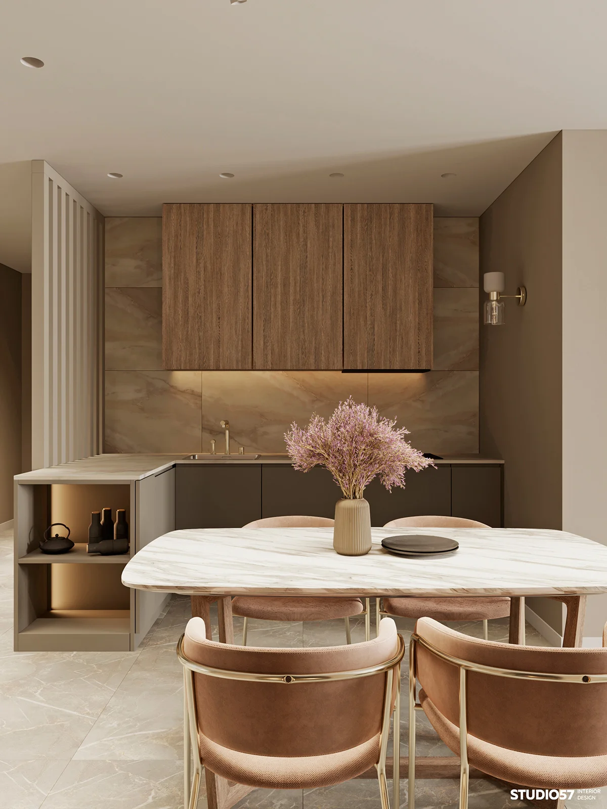 Photorealistic interior rendering of a modern dining area with marble table and soft lighting by an Irish-market 3D rendering company