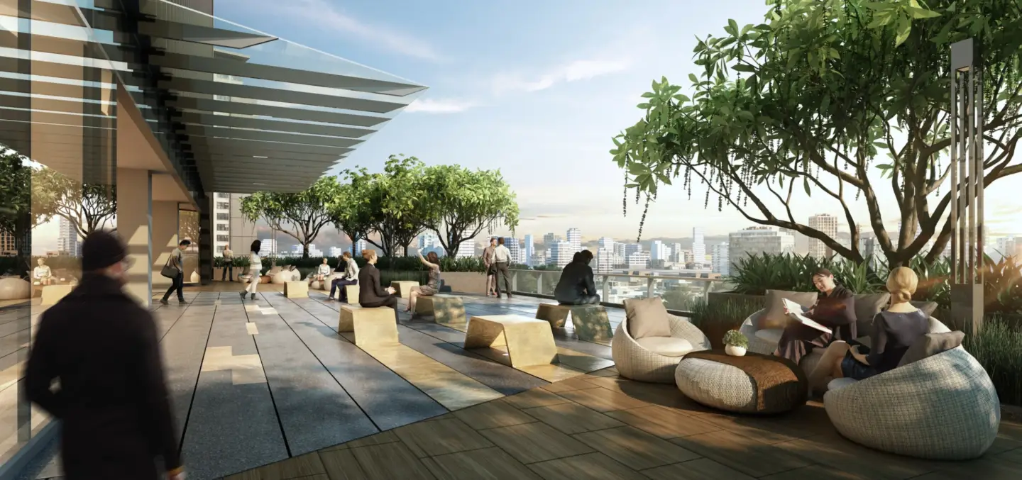 Modern rooftop lounge CGI with greenery, seating areas, and people in a lifestyle architectural rendering