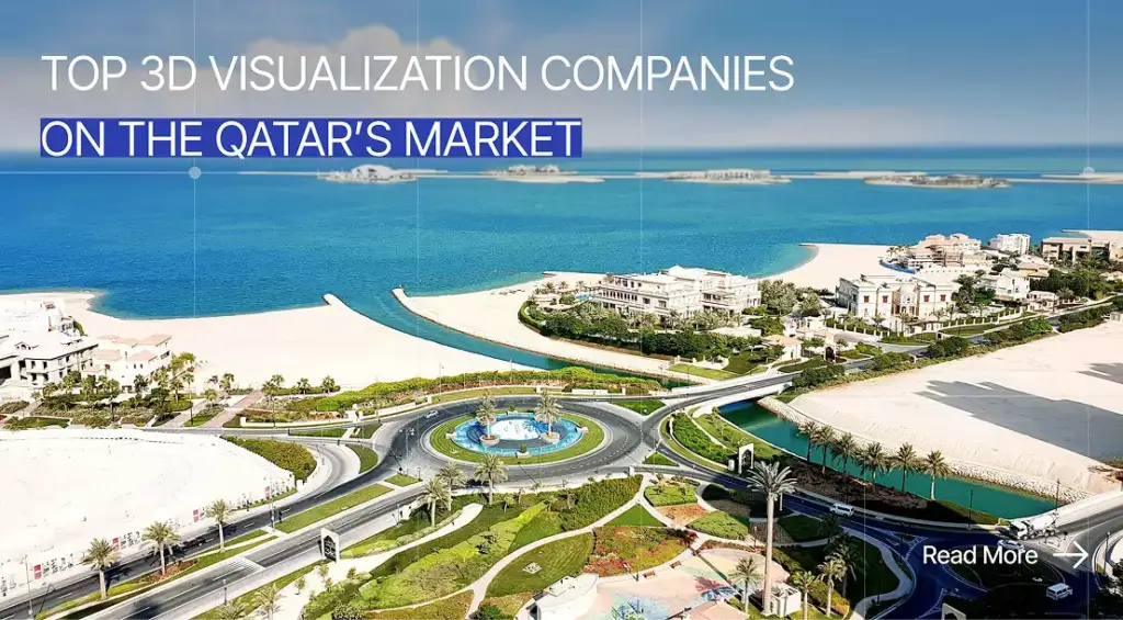 Coastal city with villas and roundabout by sea, Qatar 3D visualization companies market