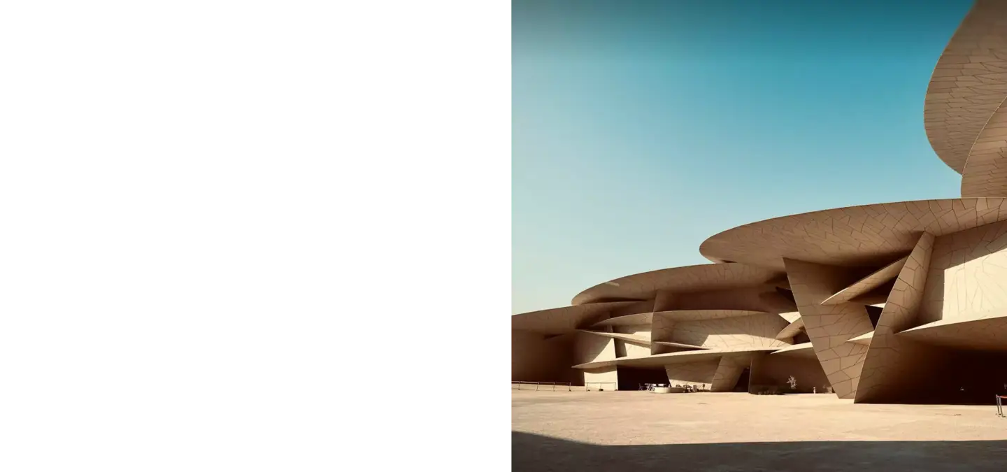 Modern desert museum architecture with curved forms, Qatar 3D visualization companies market