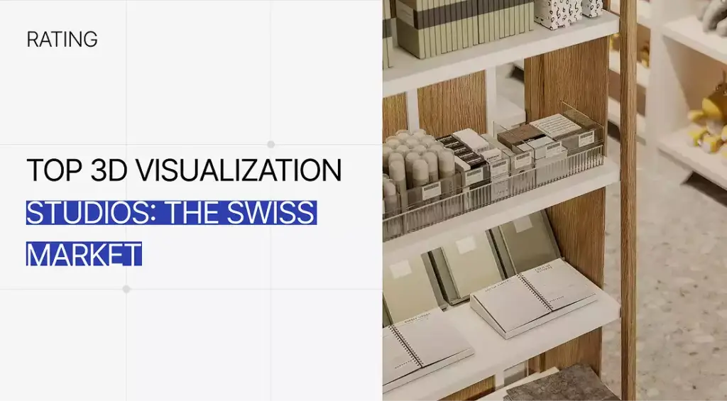Retail shelves with products and text top 3D visualization studios the Swiss market