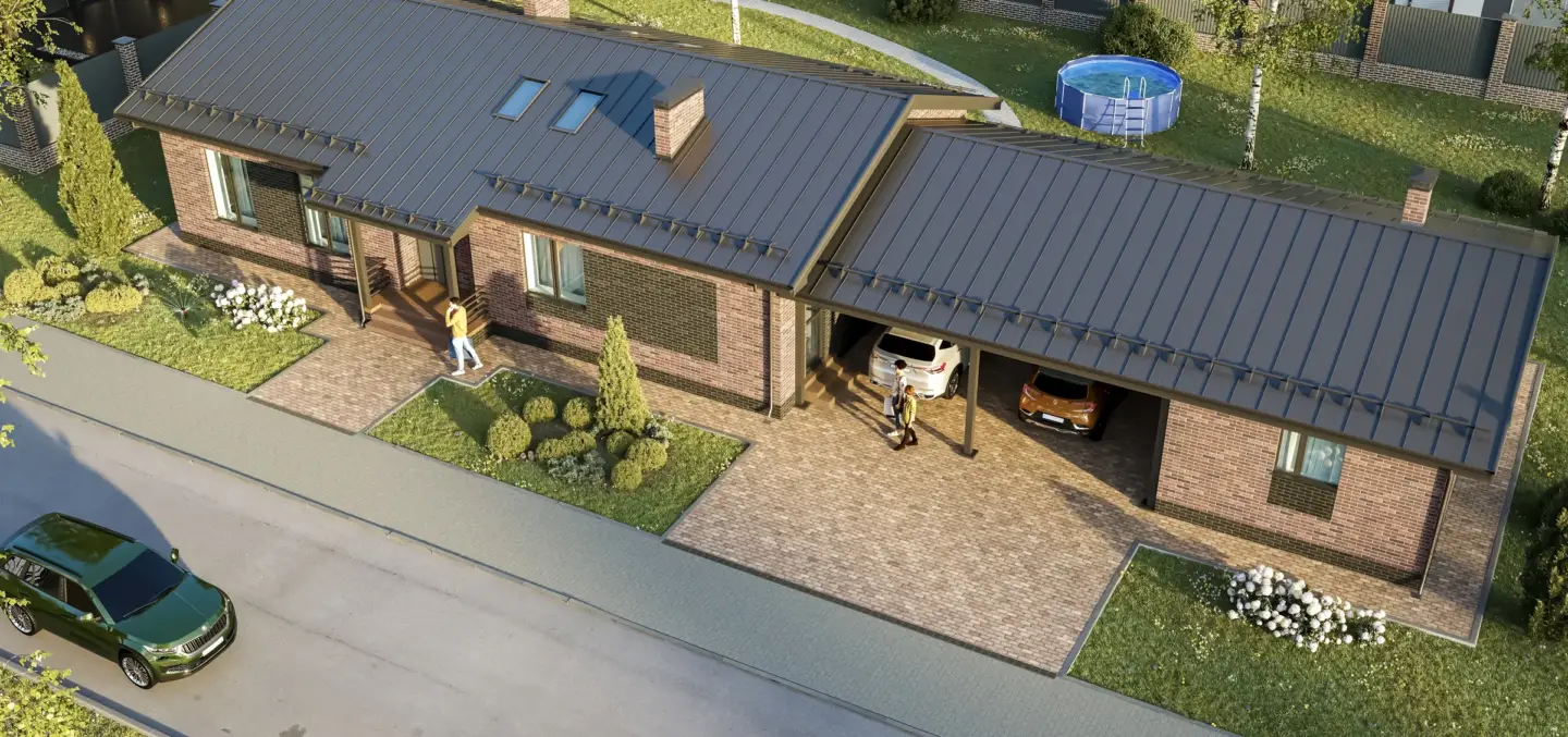 Aerial 3D rendering of a modern residential house with landscaped yard and contemporary roof design
