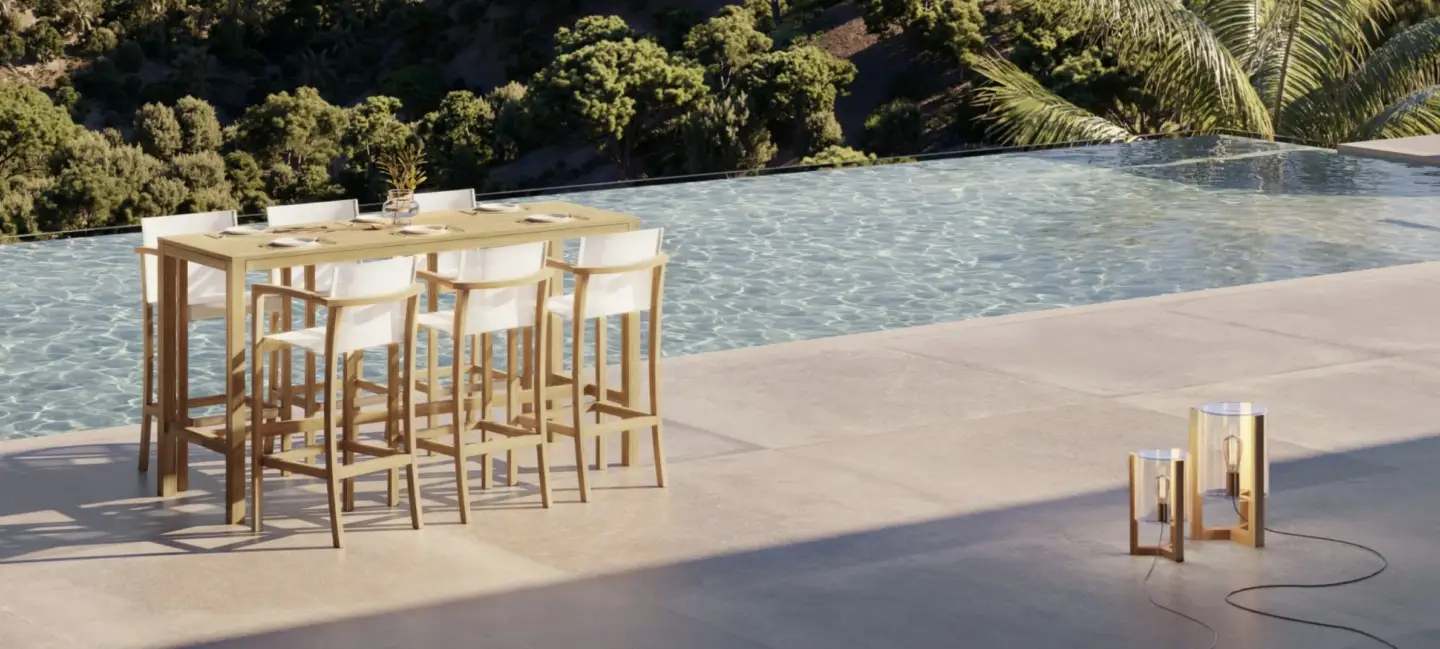 Outdoor terrace 3D rendering with bar seating overlooking water, designed for hospitality visualization