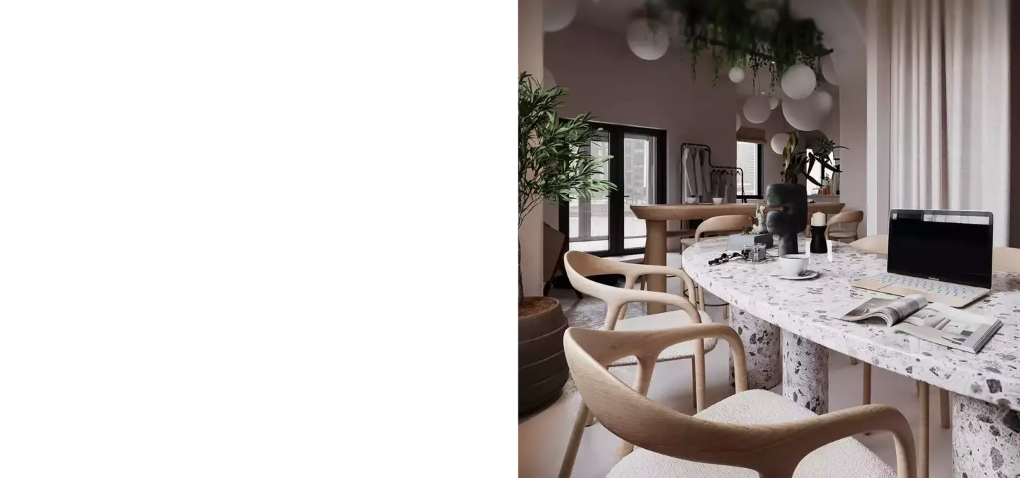 Modern dining space with terrazzo table, chairs and laptop, Top 3 interior renders of the week by 3D visualization studios in the Irish market