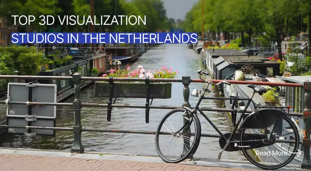 Bicycle on canal bridge with houseboats and trees, 3D visualization studios in the Netherlands