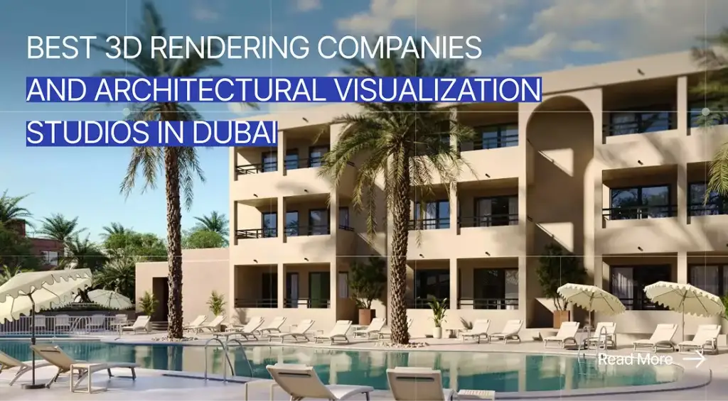 Modern Dubai resort building with pool and palm trees, Best 3D Rendering Companies and Architectural Visualization studios in Dubai