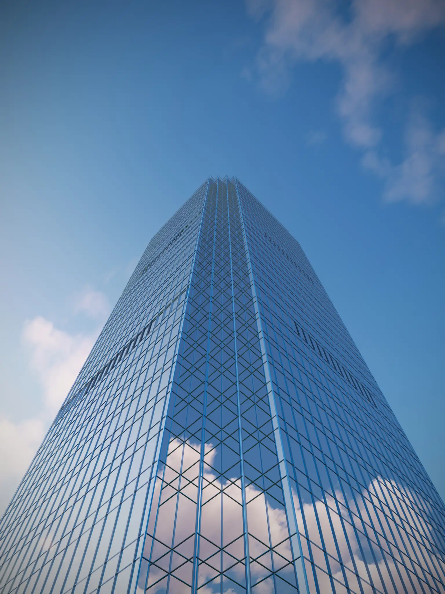 Photorealistic 3D render of a glass high-rise tower facade, typical of Santiago real-estate visualization work