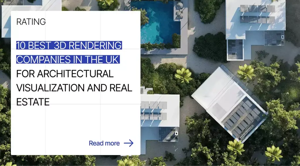 Aerial resort layout with villas and text 10 best 3D rendering companies in the UK for architectural visualization and real estate