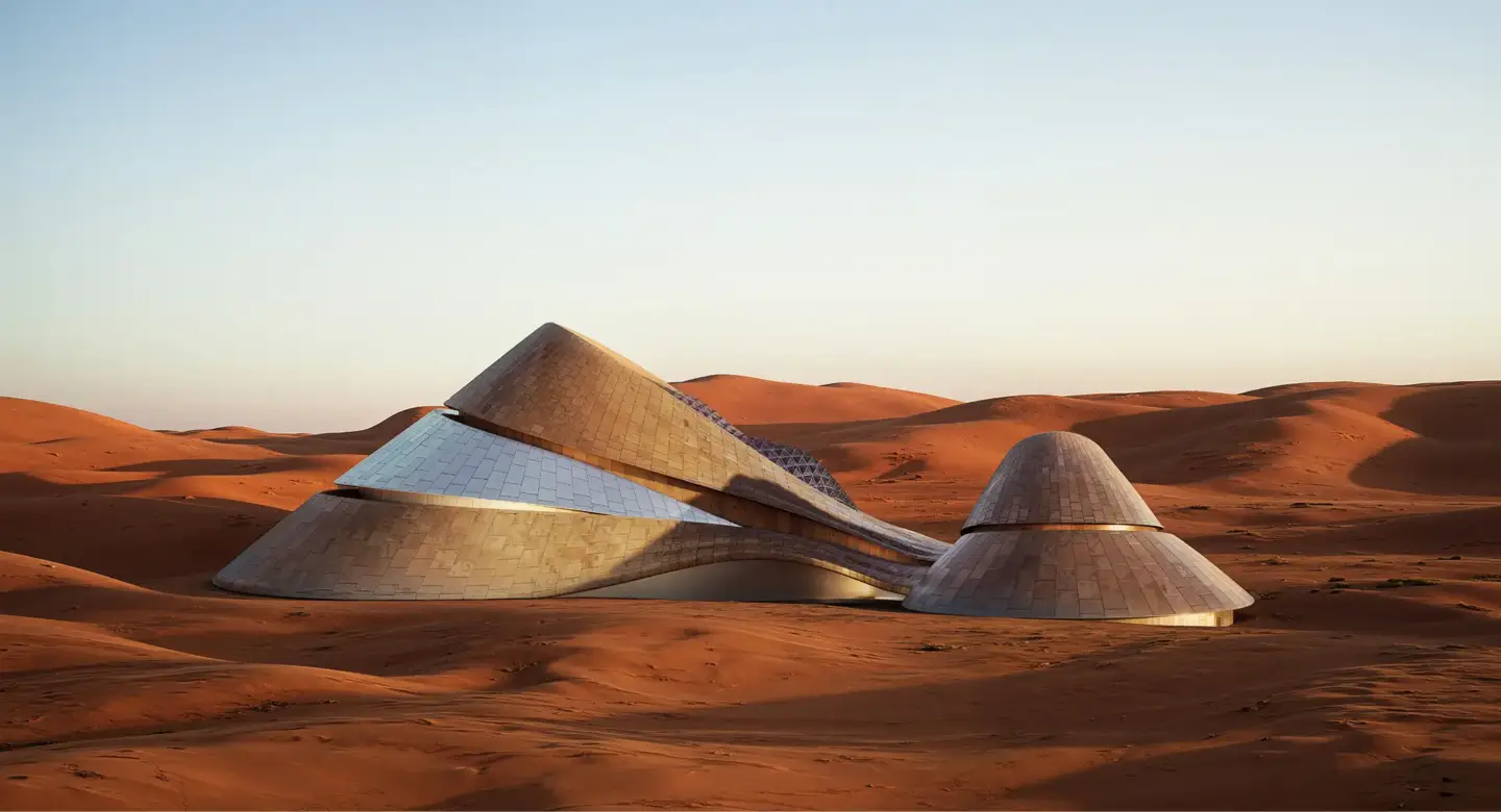 Modern desert building with layered stone roofs partially buried in dunes, designed to follow the natural terrain