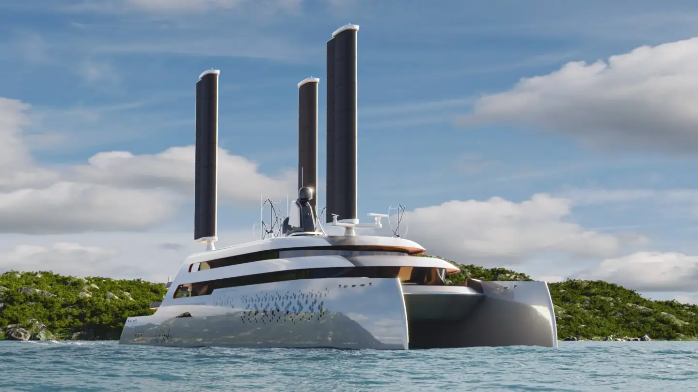 Futuristic superyacht concept presented as a 3D yacht rendering on open water near a green shoreline