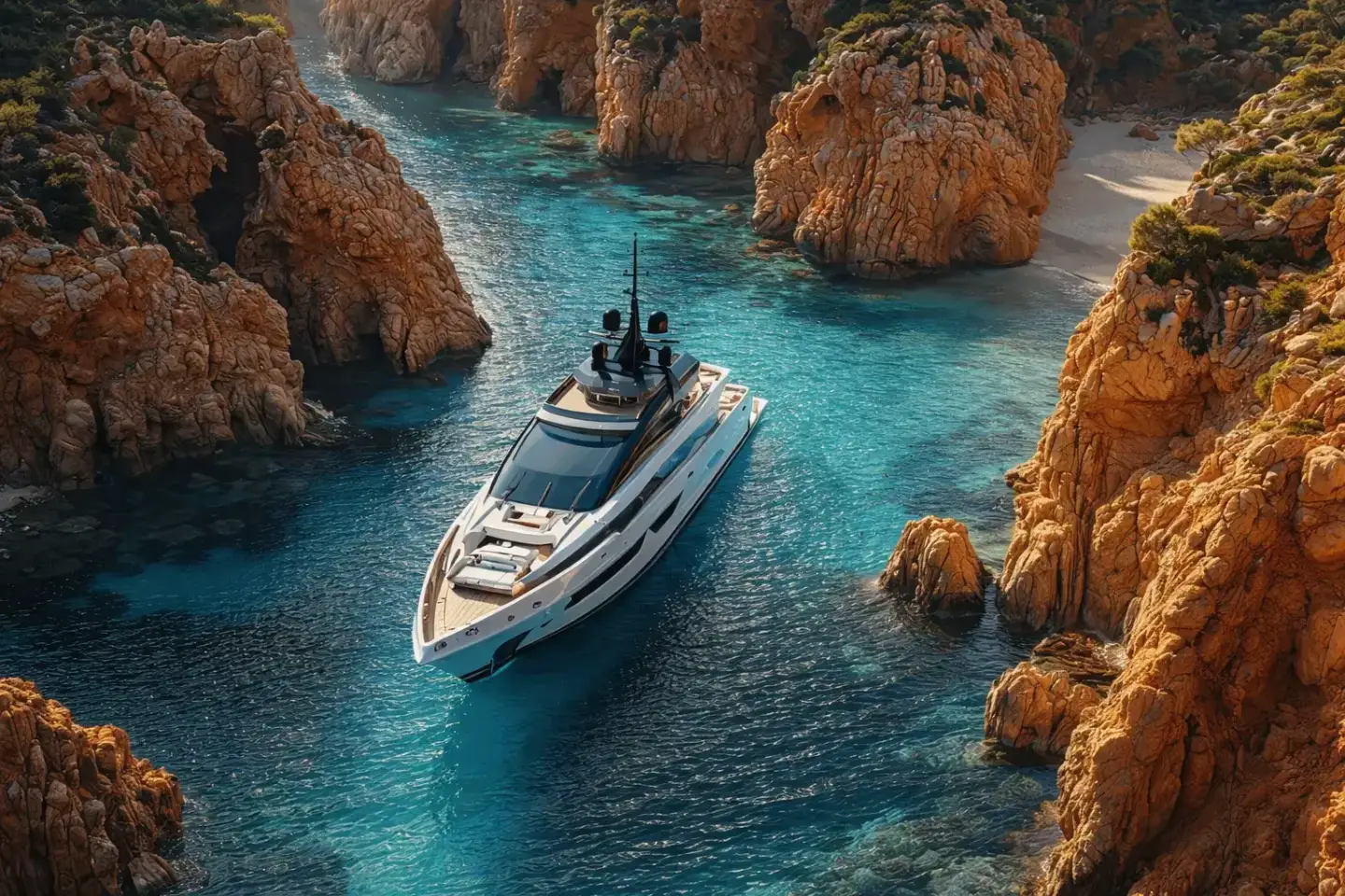 Motor yacht moored close to a rocky shoreline in calm sea under bright daylight