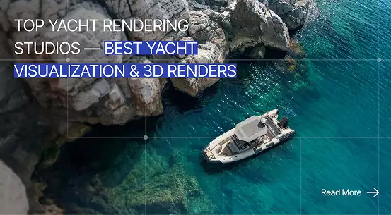 Motor yacht near rocky coastline in clear blue sea, best yacht visualization and 3D renders