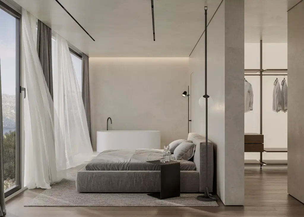 Render CGI de villa de lujo con luz solar optimizada, visualización arquitectónica de Maverick Frame Studio