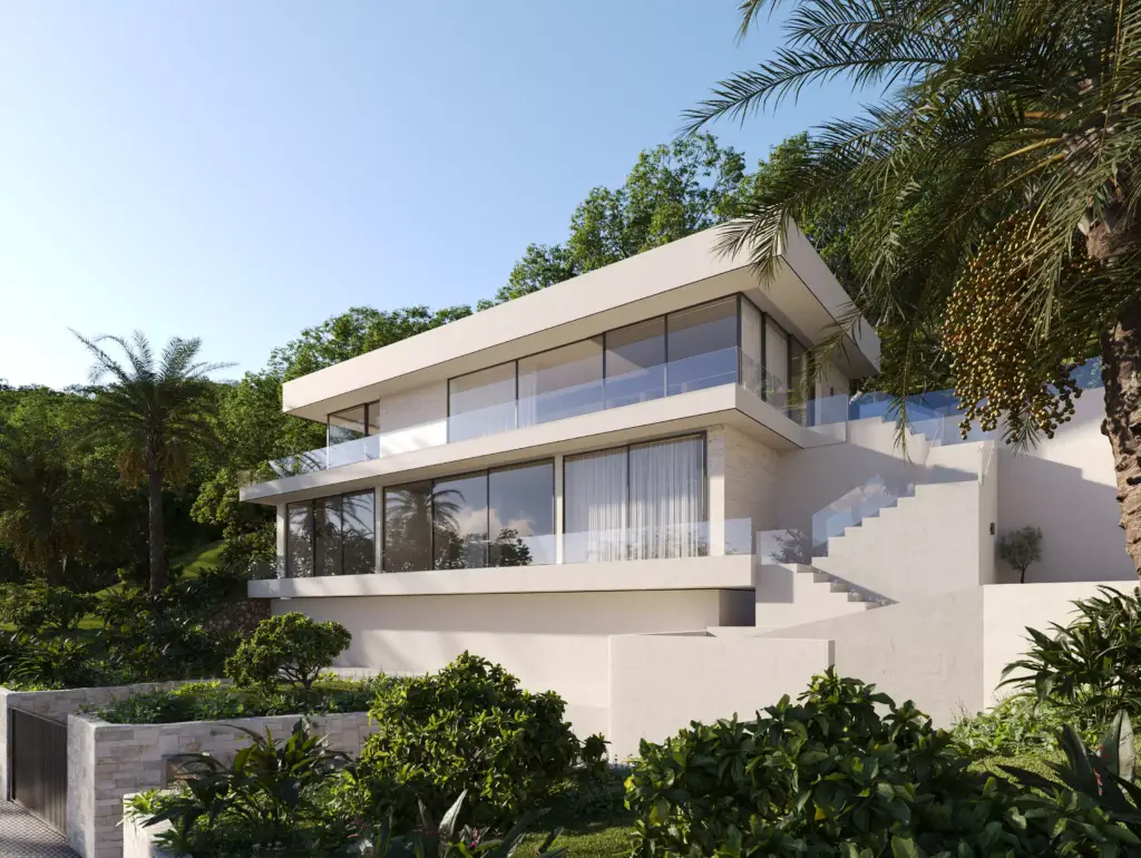 Render CGI de villa de lujo con luz solar optimizada, visualización arquitectónica de Maverick Frame Studio