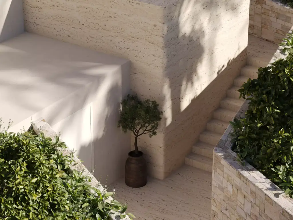 Render CGI de villa de lujo con luz solar optimizada, visualización arquitectónica de Maverick Frame Studio